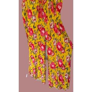 JW Woman Plus Size 1X Palazzo Pants Mustard Yellow Floral Smocked Wide Leg NWT
